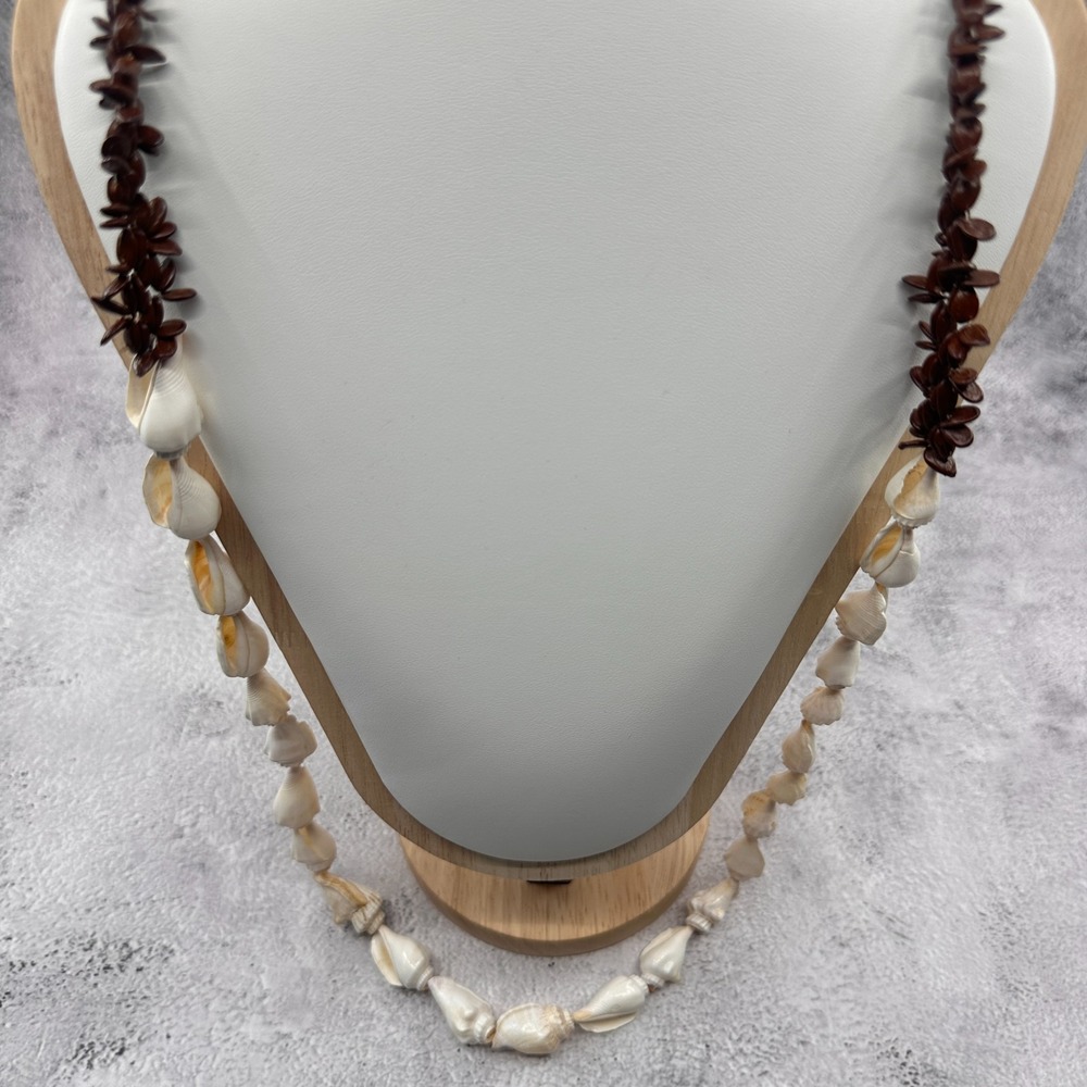 Natural White Seashell Brown Seed Bead Necklace Coastal Boho Statement Vintage